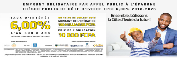 Appel Public à l’Epargne: La Côte d'Ivoire lance un emprunt obligataire de 100 milliards de Fcfa pour le financement de ses infrastructures Appel Public à l’Epargne: La Côte d'Ivoire lance un emprunt obligataire de 100 milliards de Fcfa pour le financement de ses infrastructures