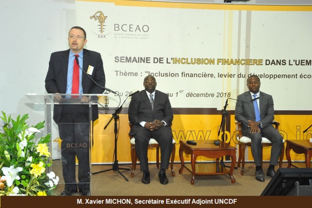 Xavier Michon, Secrétaire Exécutif Adjoint UNCDF lors du lancement de la semaine de l’inclusion financière dans la zone Uemoa Xavier Michon, Secrétaire Exécutif Adjoint UNCDF lors du lancement de la semaine de l’inclusion financière dans la zone Uemoa