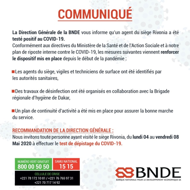BNDE : Un agent du siège Rivonia testé positif au Covid-19 BNDE : Un agent du siège Rivonia testé positif au Covid-19
