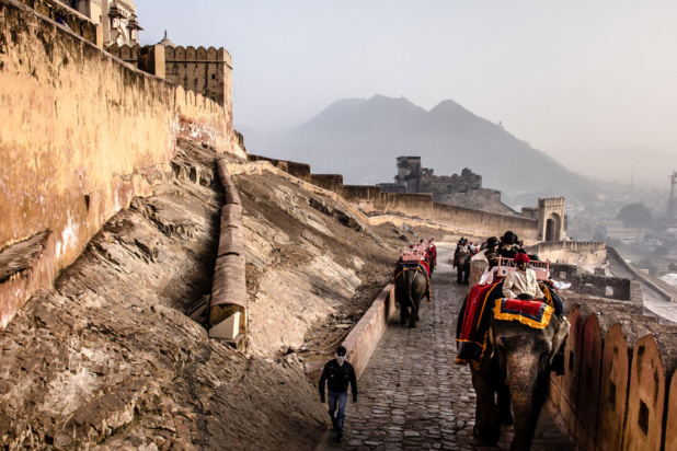 ©Eric Ganz Des touristes en Inde font une promenade à dos d'éléphant au fort d'Amber juste à l'extérieur de Jaipur.