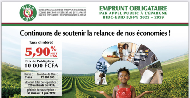 Emprunt obligataire de la BIDC : Un montant de 120 milliards de FCFA levé sur le Marché financier régional Emprunt obligataire de la BIDC : Un montant de 120 milliards de FCFA levé sur le Marché financier régional