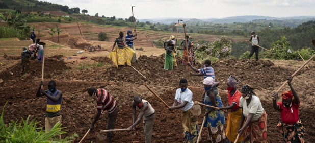 PAM/Arete/Fredrik Lerneryd À Kiramutse, au Rwanda, un groupe de personnes prépare la terre pour les cultures en terrasses.