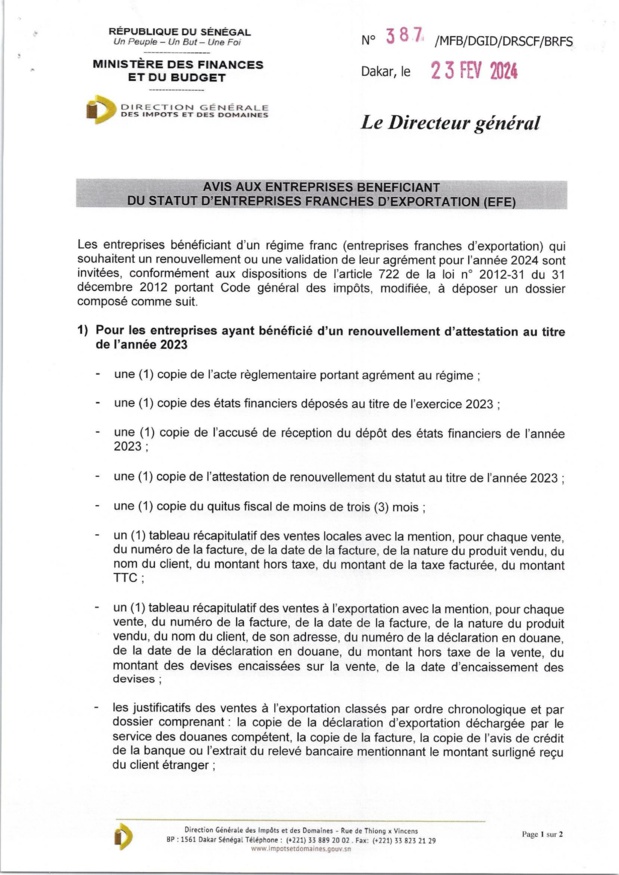 Avis aux Entreprises bénéficiant du Statut d’Entreprises Franches d’Exportation (EFE) Avis aux Entreprises bénéficiant du Statut d’Entreprises Franches d’Exportation (EFE)