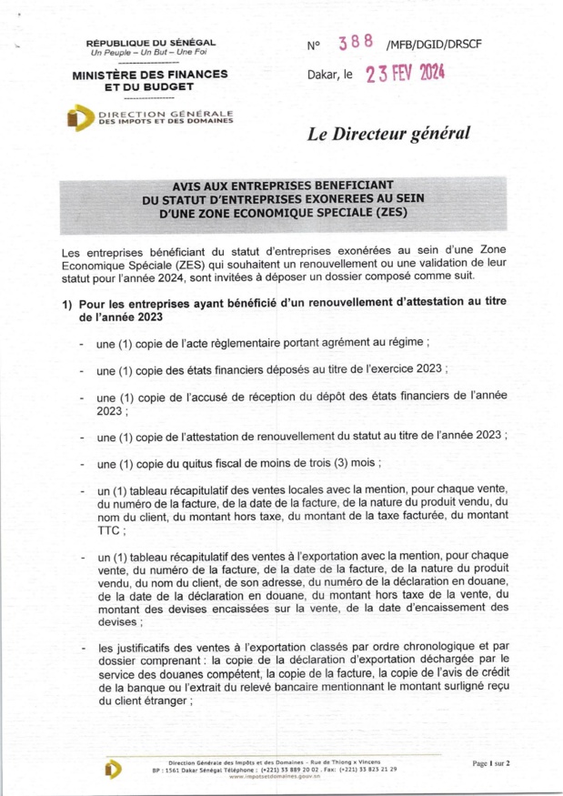 Avis aux Entreprises bénéficiant du Statut d’Entreprises Franches d’Exportation Exonérées au sein d’une Zone Economique Spéciale Avis aux Entreprises bénéficiant du Statut d’Entreprises Franches d’Exportation Exonérées au sein d’une Zone Economique Spéciale