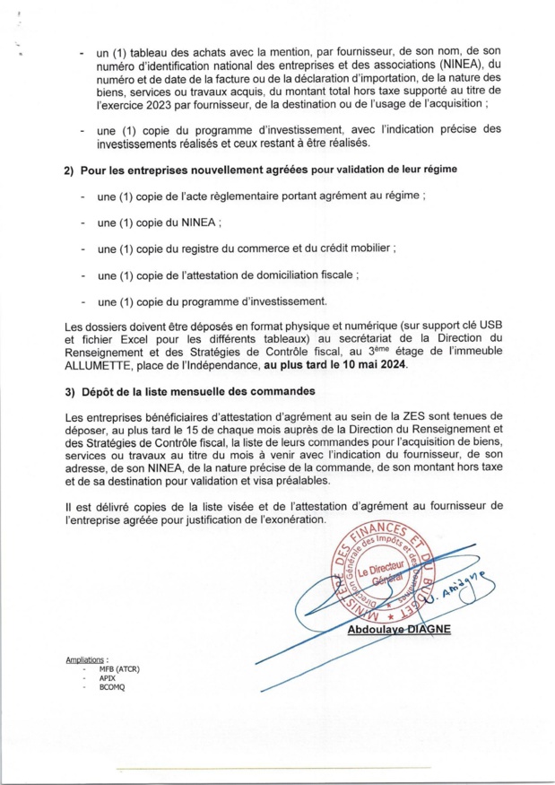Avis aux Entreprises bénéficiant du Statut d’Entreprises Franches d’Exportation Exonérées au sein d’une Zone Economique Spéciale Avis aux Entreprises bénéficiant du Statut d’Entreprises Franches d’Exportation Exonérées au sein d’une Zone Economique Spéciale