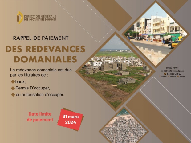 Paiement des redevances domaniales : Les usagers concernés invités à payer au plus tard le 31 mars 2024 Paiement des redevances domaniales : Les usagers concernés invités à payer au plus tard le 31 mars 2024