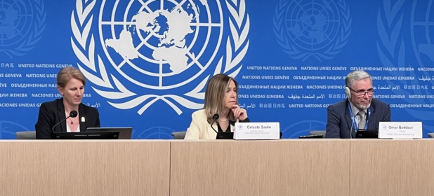 UN News/Anton Uspensky Dr Celeste Saulo (au centre), Secrétaire générale de l'Organisation météorologique mondiale (OMM) lors de la présentation du rapport sur l'état du climat mondial 2023 UN News/Anton Uspensky Dr Celeste Saulo (au centre), Secrétaire générale de l'Organisation météorologique mondiale (OMM) lors de la présentation du rapport sur l'état du climat mondial 2023