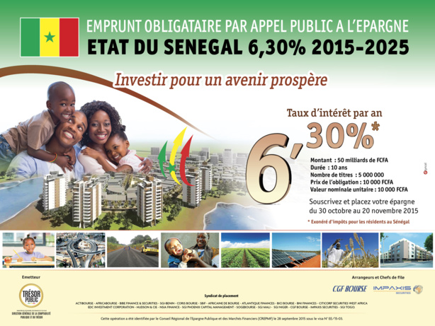 Sénégal : L’Etat lance un emprunt obligataire de 50 milliards FCFA à compter du vendredi 30 octobre 2015