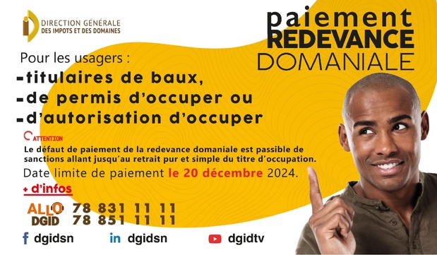 Paiement de la redevance domaniale : Les assujettis invités à payer au plus tard le 20 décembre prochain Paiement de la redevance domaniale : Les assujettis invités à payer au plus tard le 20 décembre prochain