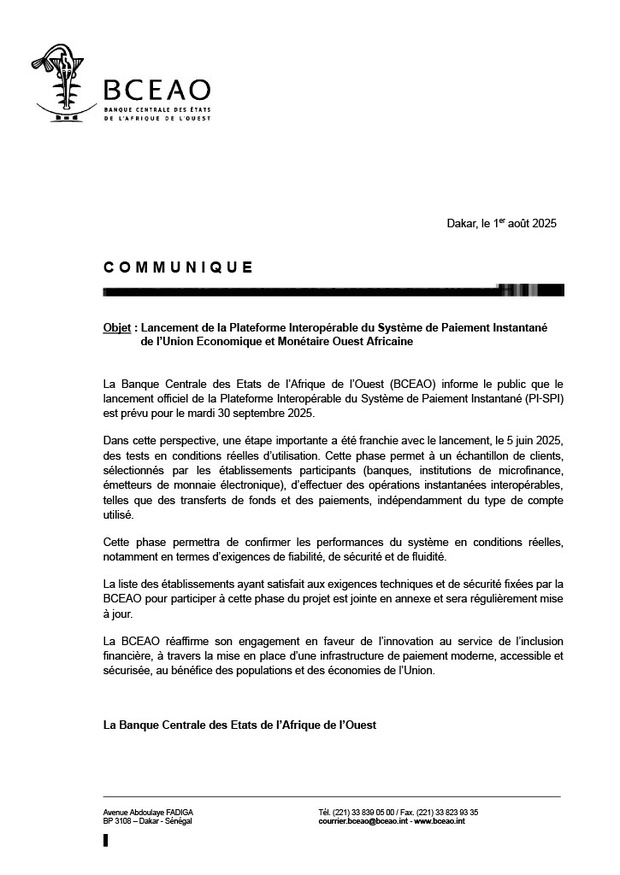 Lancement de la Plateforme Interopérable du Système de Paiement Instantané de l’Union Economique et Monétaire Ouest Africaine