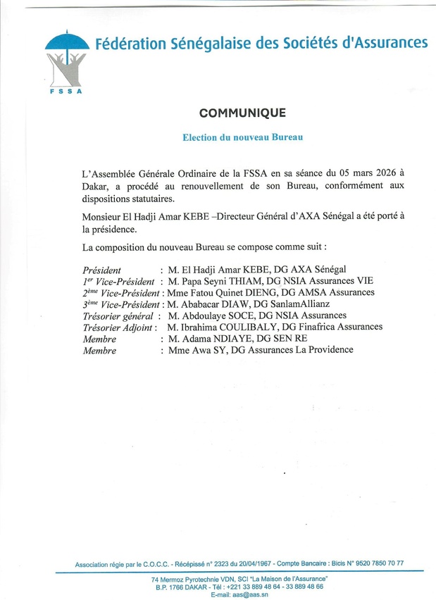 Présidence de la Fédération Sénégalaise des Sociétés D’assurances : EI Hadji Amar KEBE Directeur général de AXA Sénégal nouveau Président