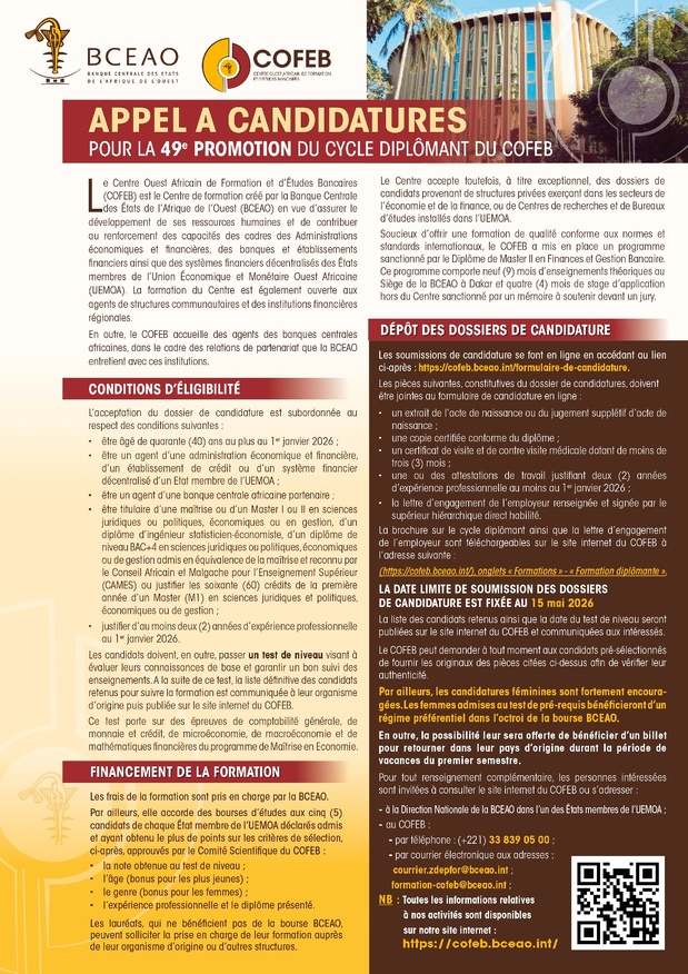APPEL A CANDIDATURES POUR LA 49e PROMOTION DU CYCLE DIPLÖMANT DU COFEB APPEL A CANDIDATURES POUR LA 49e PROMOTION DU CYCLE DIPLÖMANT DU COFEB