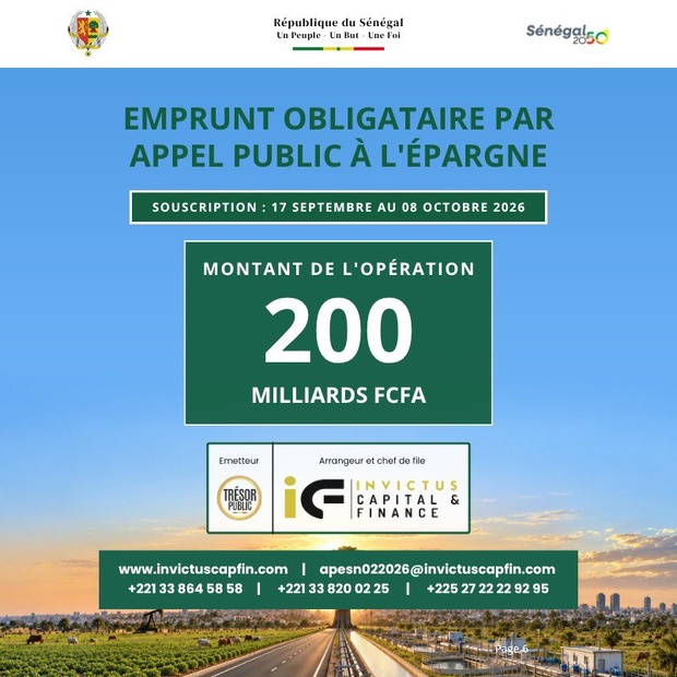 ETAT DU SENEGAL- EMPRUNT OBLIGATAIRE POUR 200 MILLIARDS : Première syndication depuis l'accord FMI