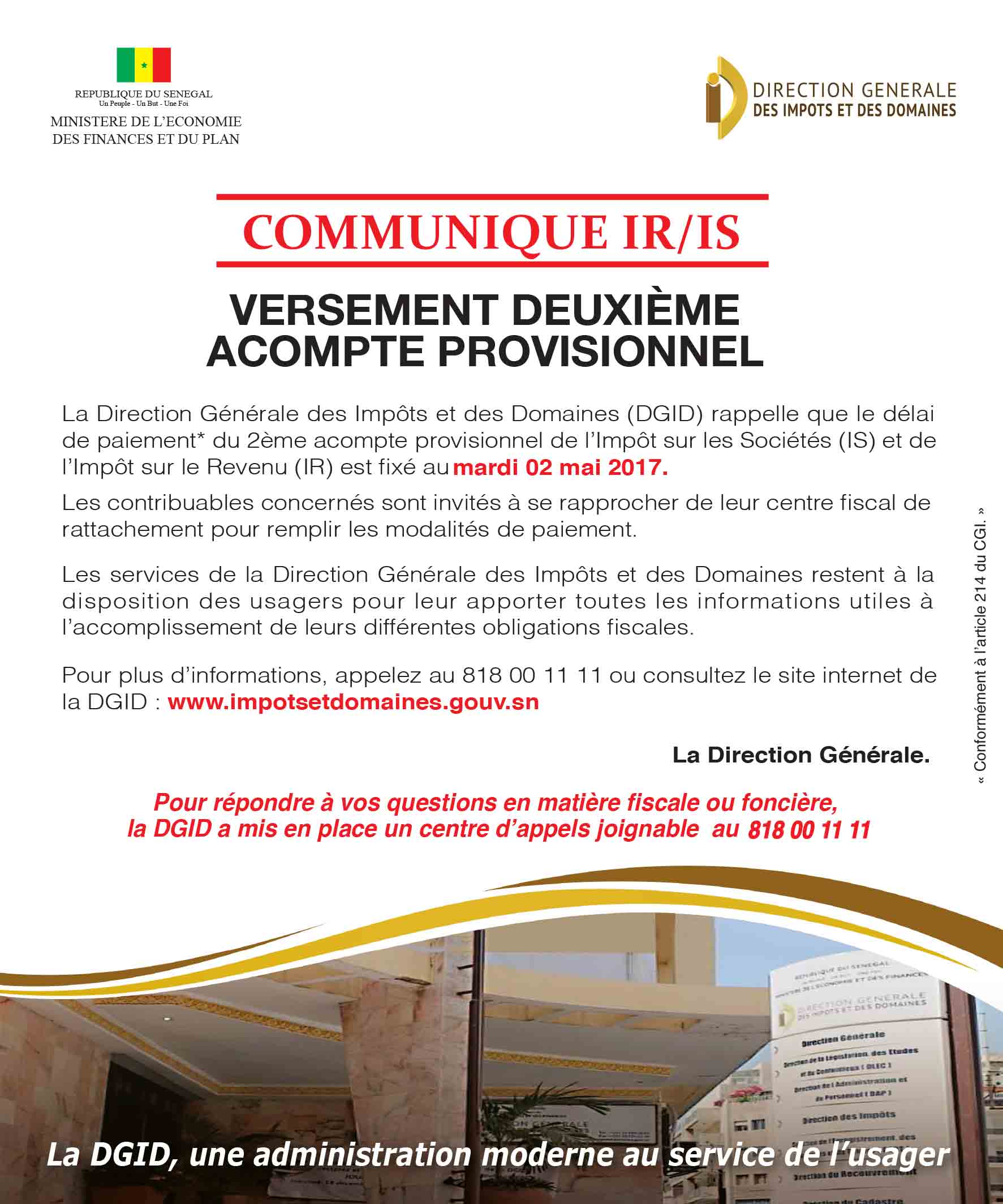 VERSEMENT DEUXIEME ACOMPTE PROVISIONNEL