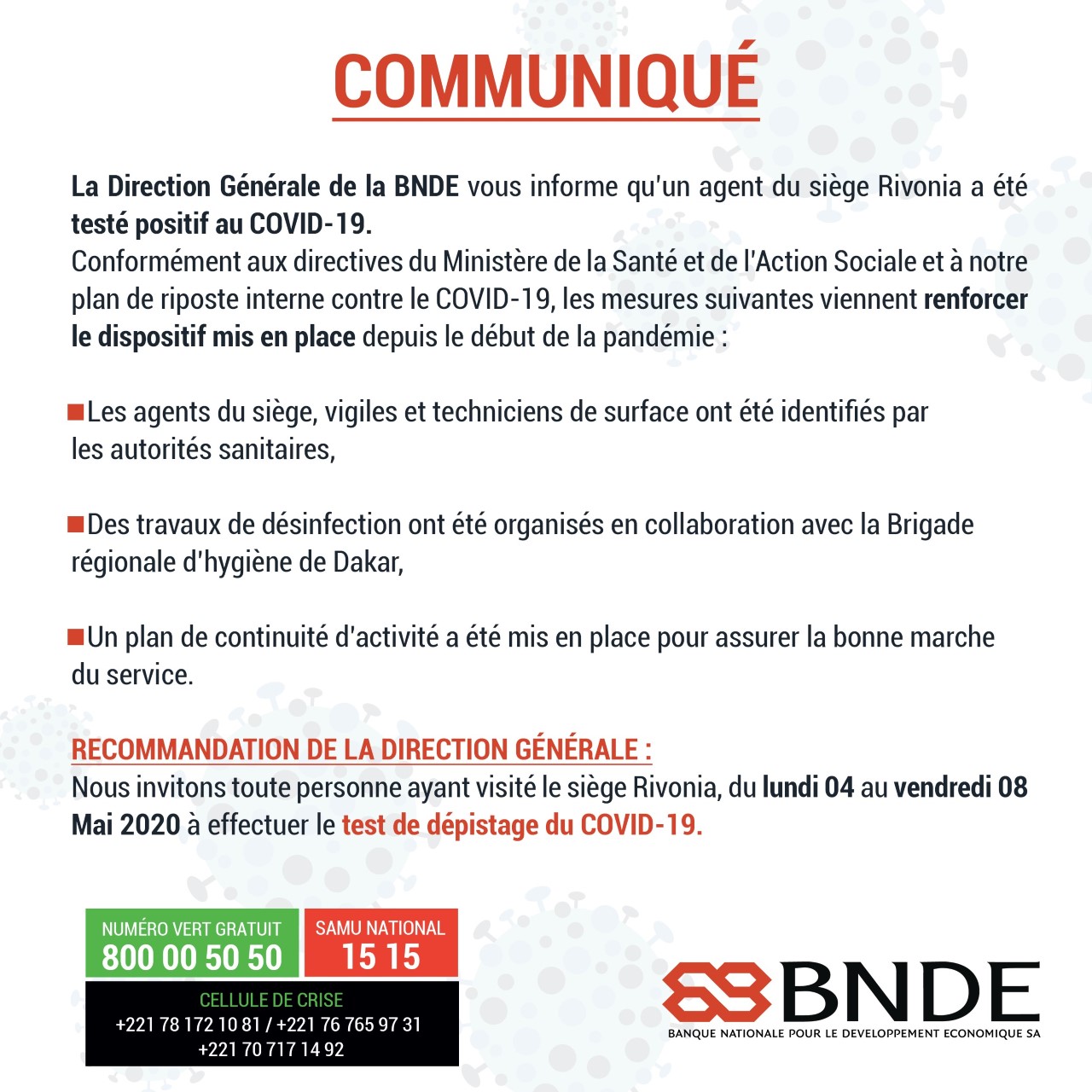 BNDE : Un agent du siège Rivonia testé positif au Covid-19