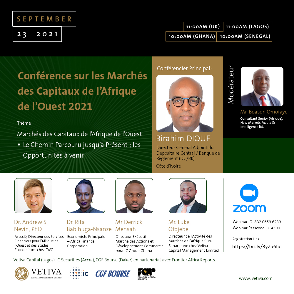 Discussion sur l’état des lieux et les perspectives des marchés des capitaux de l’Afrique de l’Ouest :  CGF Bourse, IC Securities, Vetiva Capital organisent une conférence virtuelle demain