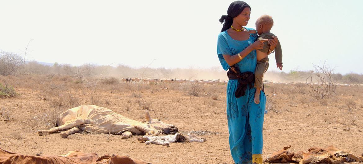 © UNICEF/Oloo Une mère avec son enfant devant une carcasse d'animal mort en raison de la sécheresse au Kenya.