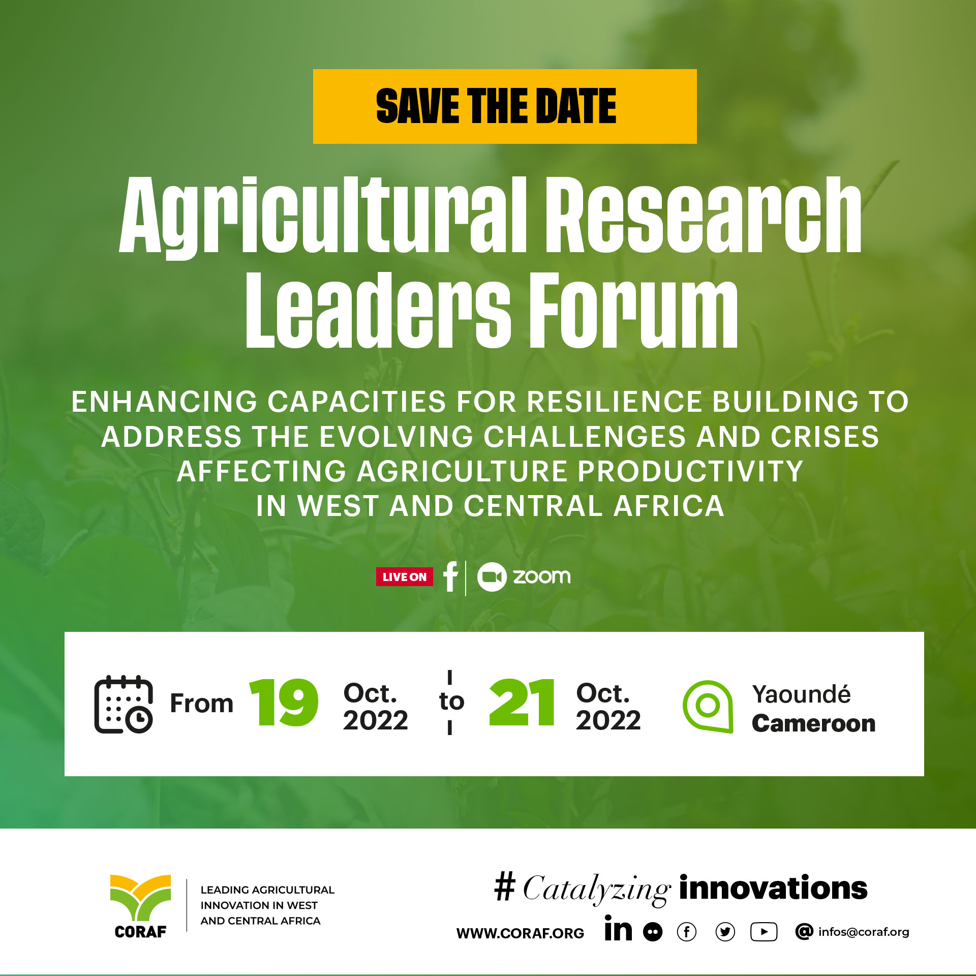 Forum des leaders de la recherche agricole de l’Afrique de l’Ouest et du Centre :  Ouverture de la première édition ce 19 octobre à Yaoundé au Cameroun