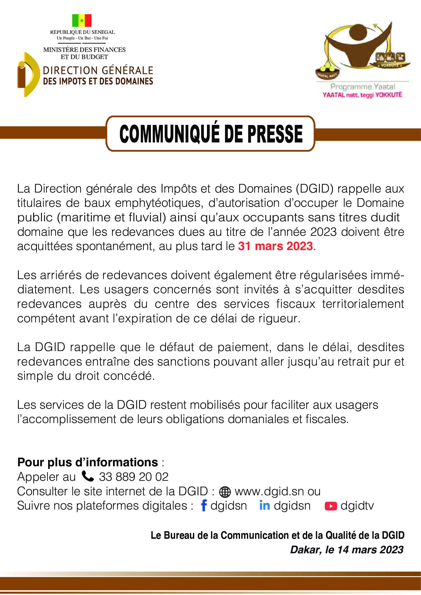Communiqué de presse de la Direction Générale des Impôts et Domaines