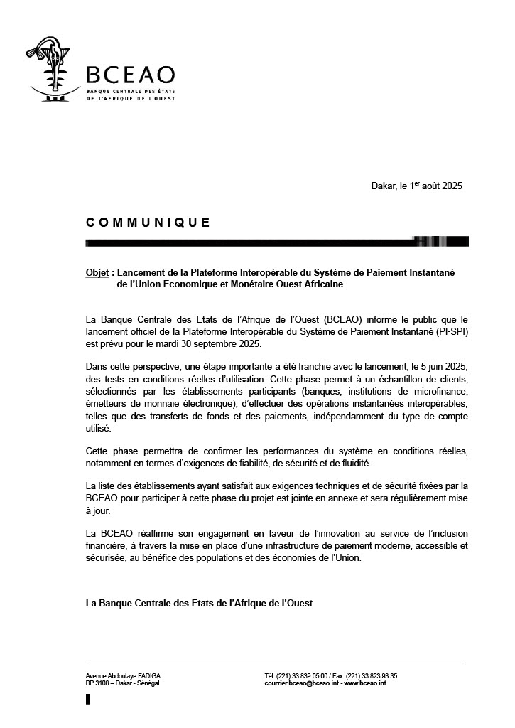 Lancement de la Plateforme Interopérable du Système de Paiement Instantané de l’Union Economique et Monétaire Ouest Africaine