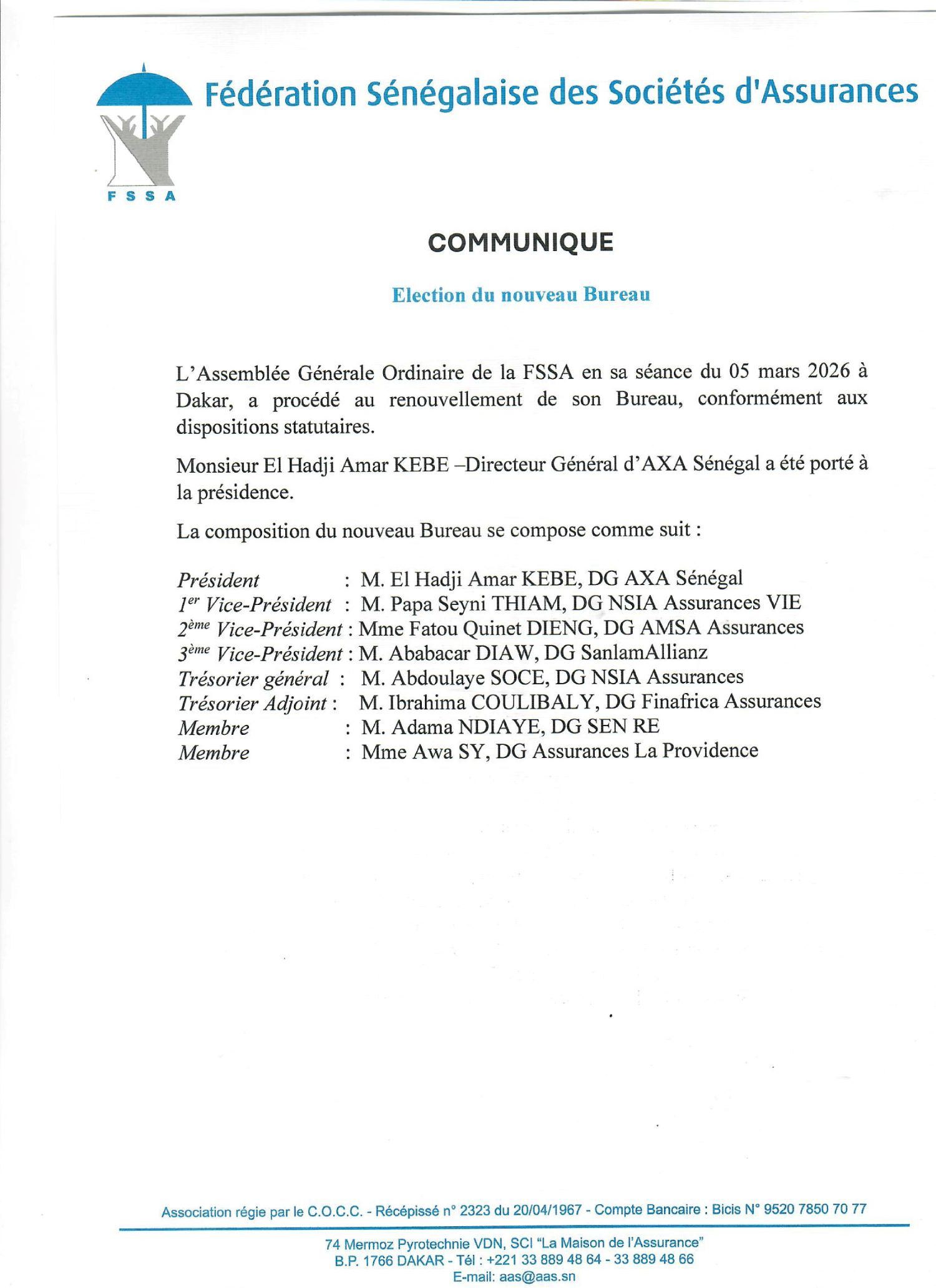 Présidence de la Fédération Sénégalaise des Sociétés D’assurances : EI Hadji Amar KEBE Directeur général de AXA Sénégal nouveau Président