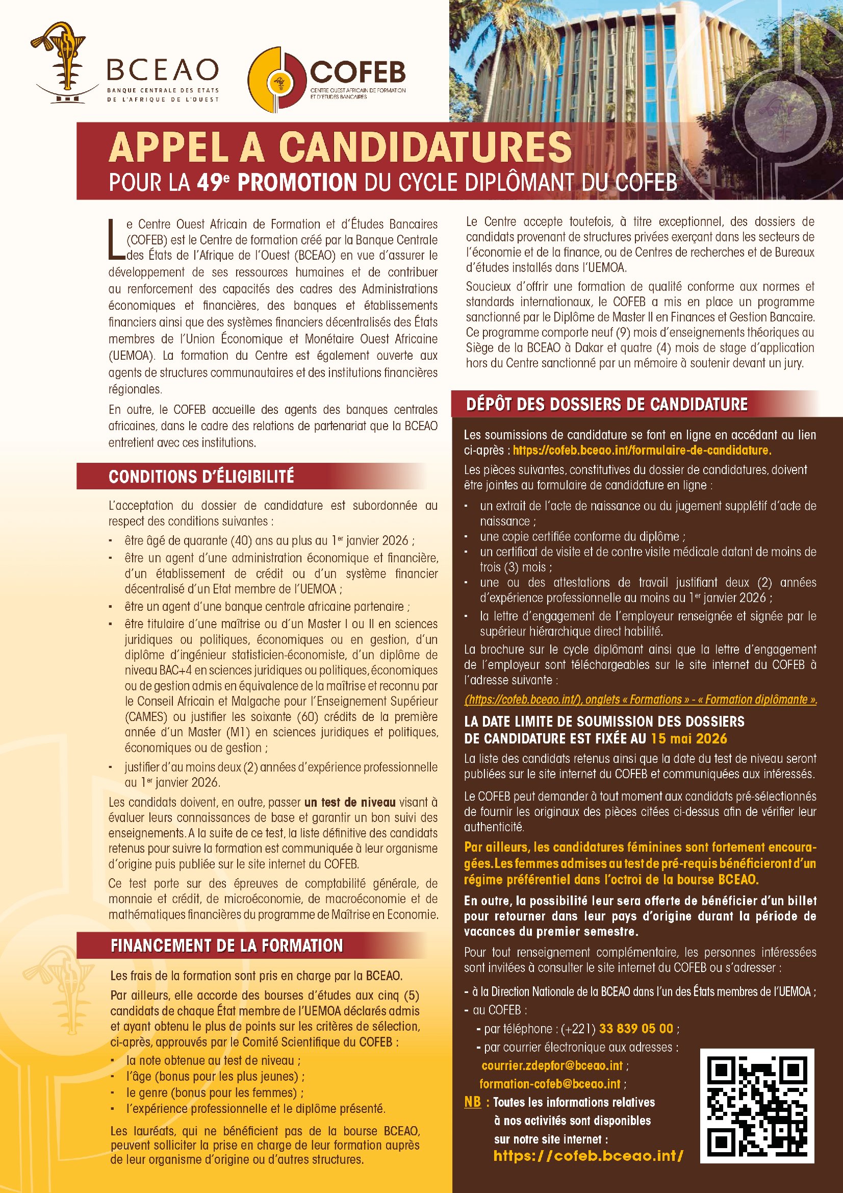 APPEL A CANDIDATURES POUR LA 49e PROMOTION DU CYCLE DIPLÖMANT DU COFEB