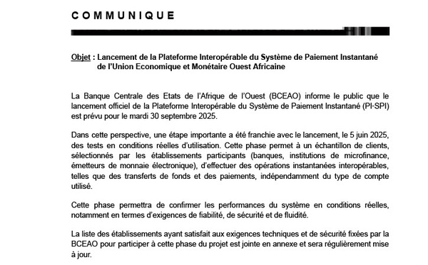 Lancement de la Plateforme Interopérable du Système de Paiement Instantané de l’Union Economique et Monétaire Ouest Africaine